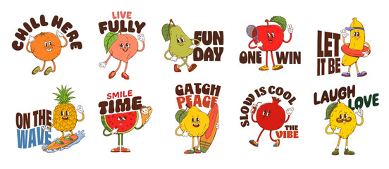 Obraz premium Funny tropical fruits y2k groovy stickers. Vector set of cartoon orange, peach, pear and apple, banana, pineapple or watermelon, lemon, pomegranate and lime, fruit characters with positive phrases