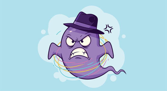 Grumpy purple ghost character wearing a black fedora hat and surrounded by swirling colorful energy on a blue background.
