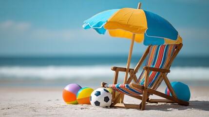 Obraz premium A colorful beach scene with a striped deck chair, umbrella, and balls on the sand by the ocean