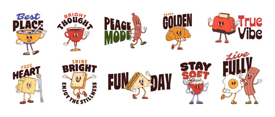 Obraz premium Breakfast food y2k groovy stickers. Cartoon vector cereal, coffee, sausage, croissant and toaster, butter, sandwich, jam, egg or bacon characters with motivational slogans bring fun and positive vibes
