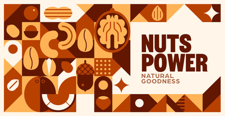 Natural nuts banner with geometric pattern. Vector healthy snack nutrition tile background featuring walnut, almond, cashew and peanut. Hazelnut, pistachio and acorn seed in warm brown and beige color © Buch&Bee