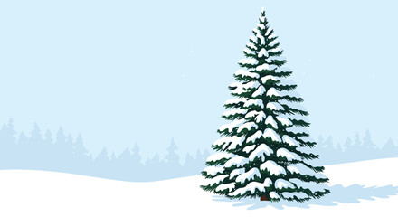 Obraz premium Large evergreen pine tree covered in white snow standing in a tranquil winter landscape with a distant forest line.