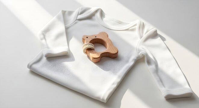 Baby clothes and wooden teether on white background, newborn outfit with lace details