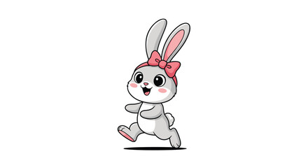 Obraz premium Adorable grey bunny rabbit character with a pink hair bow running happily in a cute cartoon style illustration.