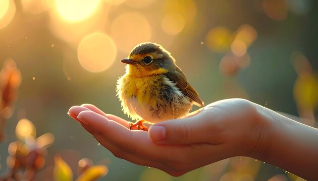 Small yellow robin perched on a child's hand, blurred, golden sunlight, leaves, and bokeh background