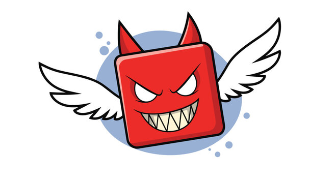 Angry red square devil character with horns and white angel wings flying against a blue circle background vector.