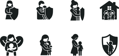 Obraz premium Icon Set Illustrating Family Protection and Security with Shields and Homes vector
