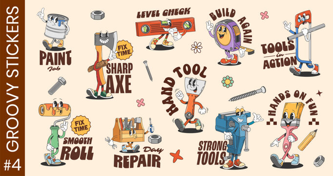 Y2k groovy repair and construction tools funky stickers and labels. Cartoon vector retro characters. Paint roller, axe, hammer and saw. Screwdriver, toolbox, level and measure tape and clamp or brush