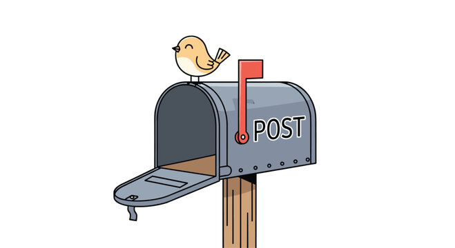 Small yellow bird perched on top of an open grey metal mailbox with a red flag set against a plain white background.