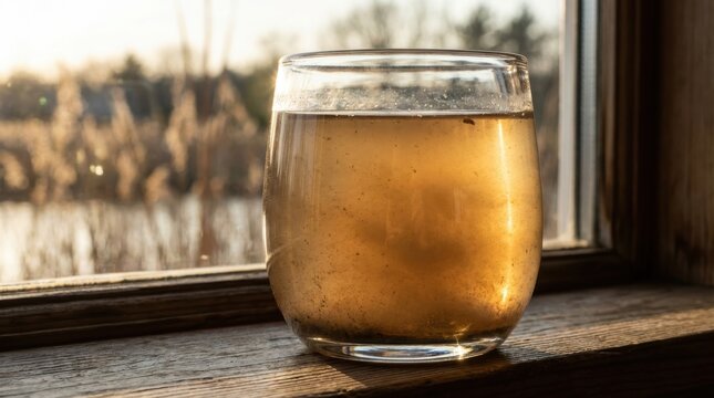 Close up of a glass containing turbid brown water with sediment placed on a wooden windowsill illuminated by sunlight