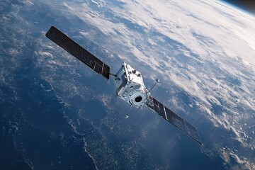 Fototapeta premium Advanced satellite with solar panels in low Earth orbit above the planet's surface, showcasing technological advancement and global observation capabilities.