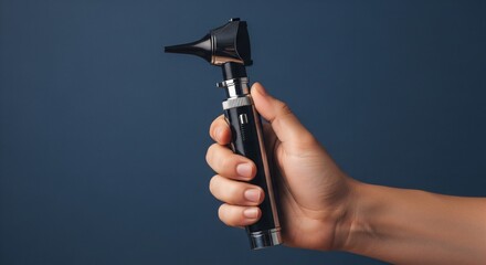 Naklejka premium Hand holding a professional medical otoscope, black handle with silver accents, plain navy blue background.