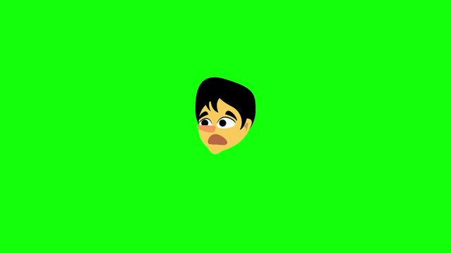Animated 2D cartoon face, mouth opening and closing rapidly in shock, eyes blinking, isolated on green screen background.