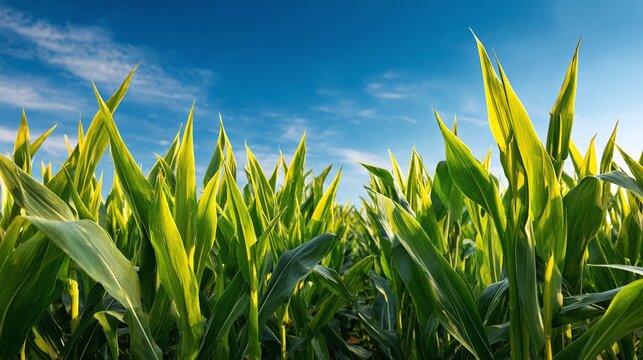 Green cornfield under blue sunny sky.