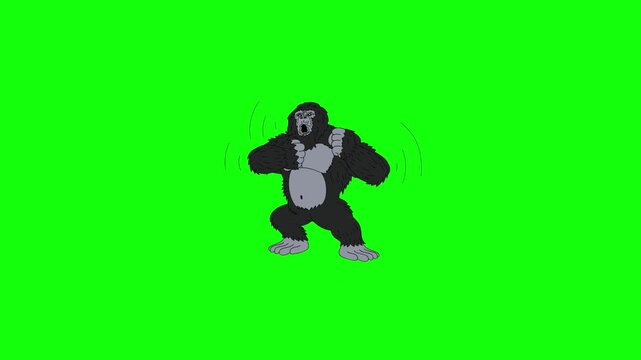 Animated 2D cartoon King Kong beating his chest rhythmically, roaring with mouth open, motion lines appearing with each hit, isolated on green screen background.
