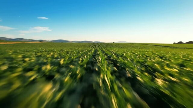 Aerial view of a vast green agricultural field with rows of crops stretching towards distant rolling hills under a clear blue sky