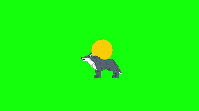 Animated 2D cartoon wolf howling at a yellow sun, mouth opening and closing, sound wave lines vibrating from mouth, isolated on green screen background.