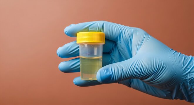 Hand in surgical gloves holding a sterile urine specimen container, yellow cap, plain terracotta background.