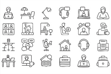 Fototapeta premium Remote work and online communication line icons for home office and digital business