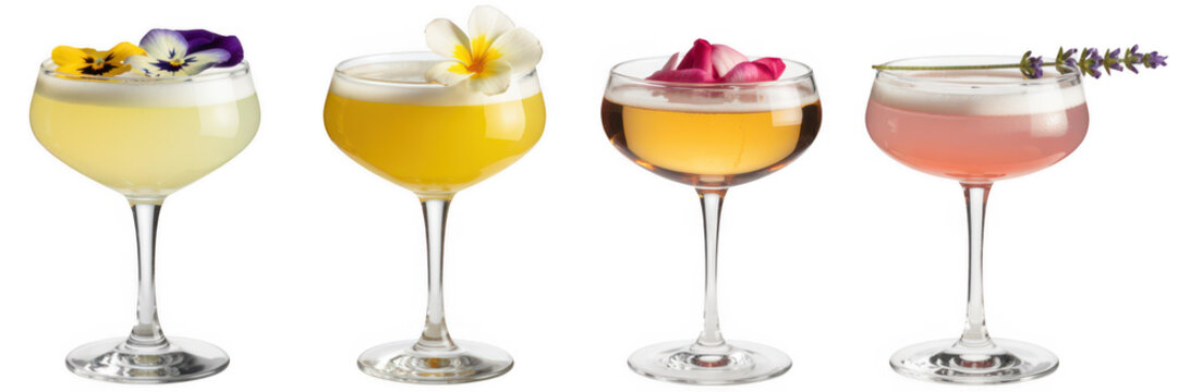 Four cocktails with different colors and garnishes isolated on a transparent background