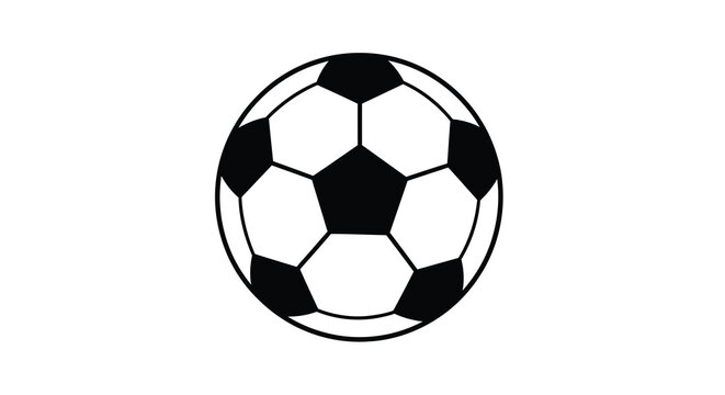 A simple black and white illustration depicts a classic soccer ball featuring the traditional pentagonal and hexagonal panel design high quality
