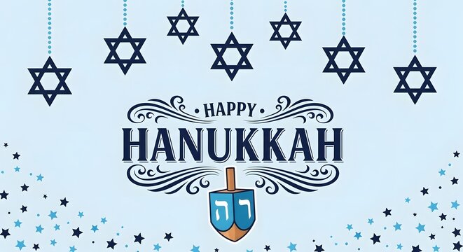Happy hanukkah celebration with dreidel and stars