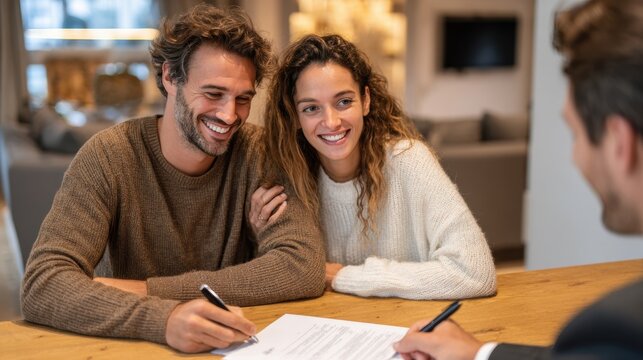 Young Couple Reviews and Signs Real Estate Purchase Agreement With Notary in Warm Office Setting