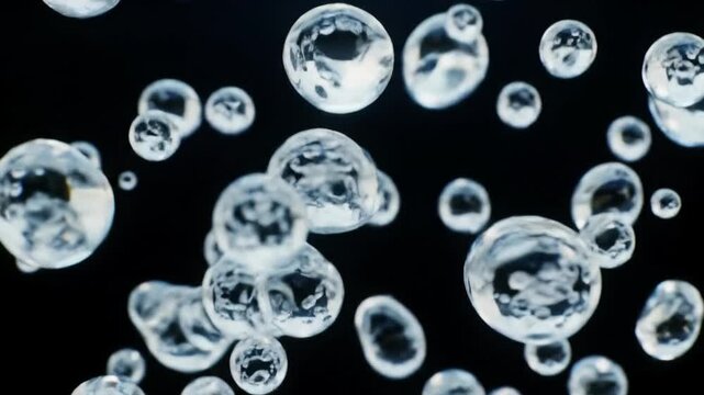 Numerous transparent, reflective, glossy spheres of varying sizes gracefully ascend and diffuse against a deep black void background with subtle slow push-in zoom, reflecting soft light. Concept of