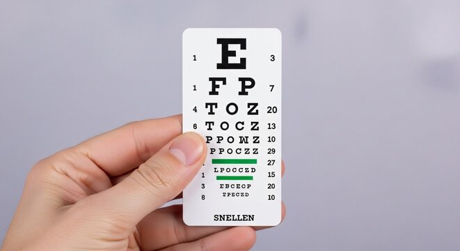Hand holding a pocket-sized Snellen eye chart card, black letters on white, plain lavender background.