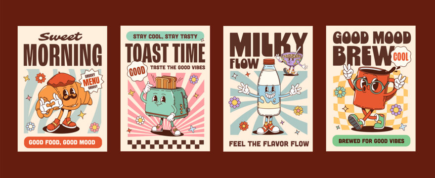 Funky groovy hippie breakfast food characters posters. Vector playful croissant, toaster, milk bottle, and coffee cup. Groovy psychedelic mascots for dinner walls, kitchen decor, nostalgic merchandise