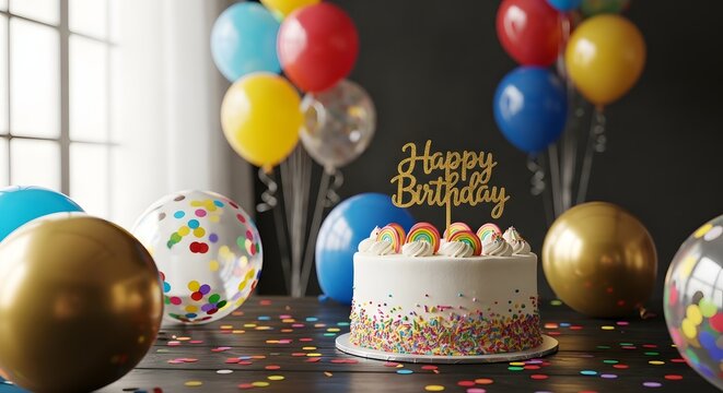 Happy birthday celebration with colorful balloons and delicious cake