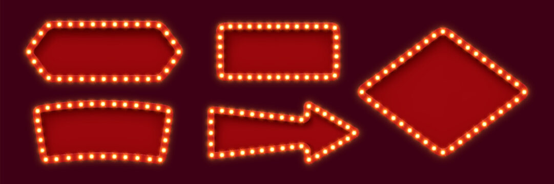 Retro lightboxes or light bulb marquee frames of Broadway billboard and circus board, vector signage. Retro lightbox with arrow for casino or cabaret and cinema movie theater banner with lamps frame