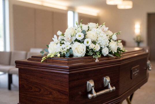 Elegant wooden coffin decorated with beautiful white blooming flowers resting gracefully inside