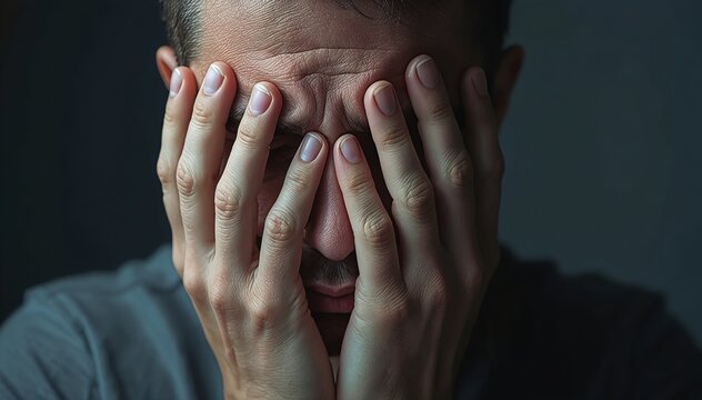 Stressed man covering face mental health anxiety concept