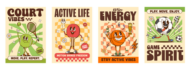 Obraz premium Sports y2k groovy hippie posters with happy characters. Vector retro mascots of tennis racket, ping pong paddle, basketball or soccer balls. Slogans win energy, game spirit, active life, court vibes