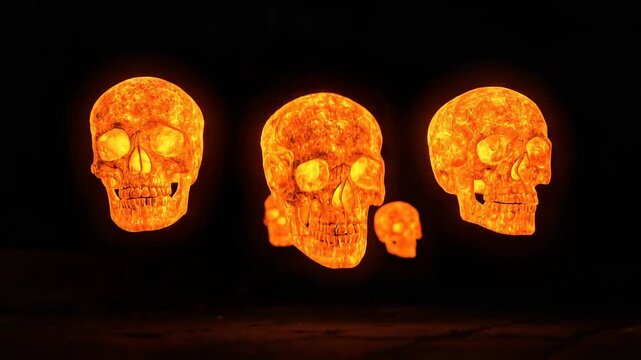 Stop motion with orange skulls on black concept. Glowing orange skulls floating in a dark background Halloween spooky horror concept