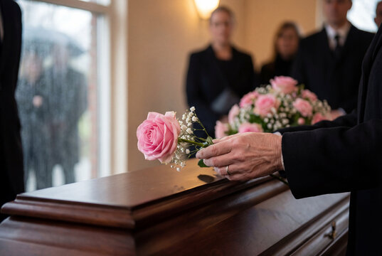 Woman hand gently places pink roses on a wooden casket at a funeral