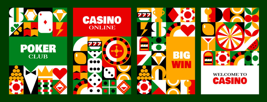 Online casino and poker club geometric pattern. Vector retro modern gambling game posters featuring playing cards, dice, roulette and slot machine. Jackpot, chip, diamond, heart, crown and key trophy