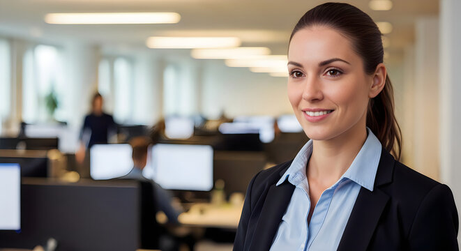 A confident young businesswoman in a professional suit stands smiling in an office, portraying corporate success and executive leadership as a dedicated worker