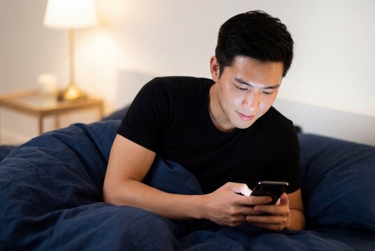 Young man awake in bed at night focused on smartphone screen