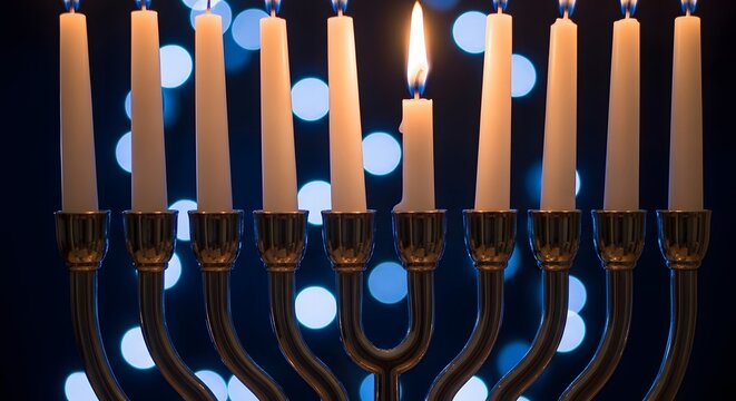 A menorah with candles lit on a dark background