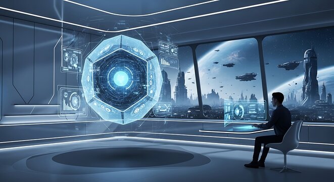 Man sitting in futuristic control room.