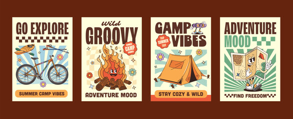 Fototapeta premium Funky adventure, camping and travel groovy hippie characters posters. Retro 1970s posters featuring vector smiling map, campfire, travel tent, bicycle, kayak and trekking poles