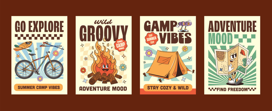 Funky adventure, camping and travel groovy hippie characters posters. Retro 1970s posters featuring vector smiling map, campfire, travel tent, bicycle, kayak and trekking poles