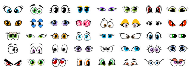 Cartoon character eyes face expressions of different emotions. Cute, funny, happy, angry and sad eyes vector emoji with retro googly eyeballs and comic eyebrows. Face expression emoticons set © Buch&Bee