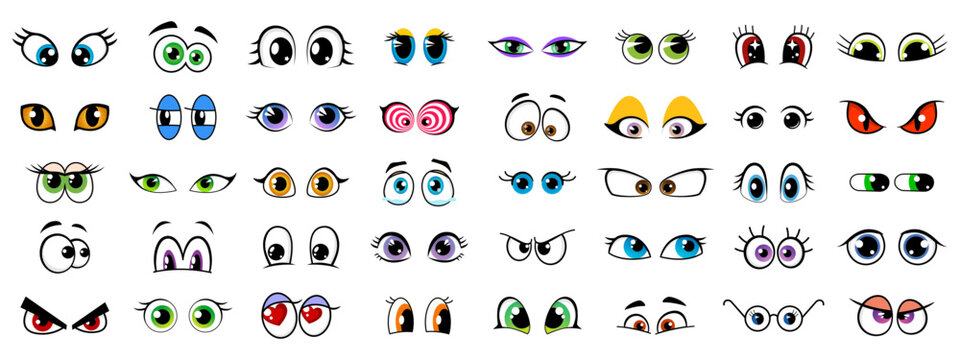 Cartoon character eyes face expressions of different emotions. Cute, funny, happy, angry and sad eyes vector emoji with retro googly eyeballs and comic eyebrows. Face expression emoticons set