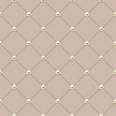 Fototapeta premium Luxury pearl quilted seamless pattern. Elegant dusty pink background with golden chains and shiny pearls in a diamond grid. Sophisticated texture for high-end fashion and interior design.
