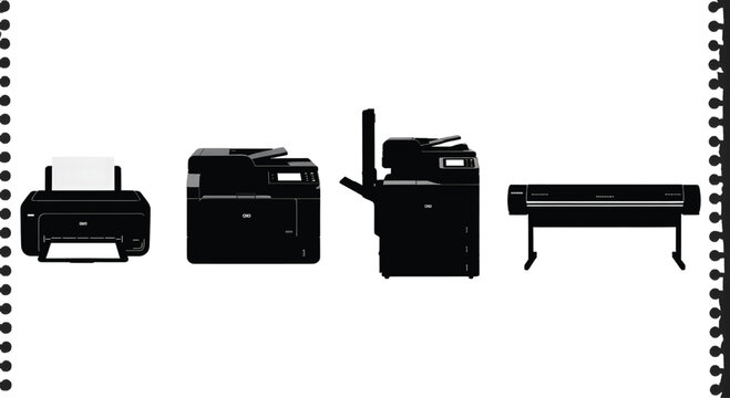 A row of various office printers on a white background