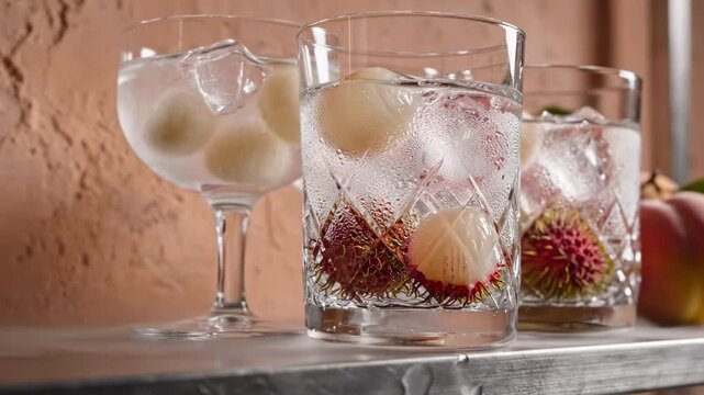 Exotic fruit arrangement of cold drinks with lychee and rambutan infused refreshments in clear crystal glasses, soft mist, peach plaster backdrop, elegant tropical entertaining atmosphere