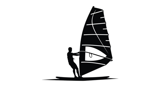A minimalist black silhouette depicts a windsurfer skillfully navigating across water showcasing the sport s dynamic energy high quality professional detailed